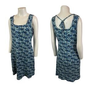 Vintage Aqua Blues Blue Floral Mini Dress Babydoll Tie Back Cottagecore Large -